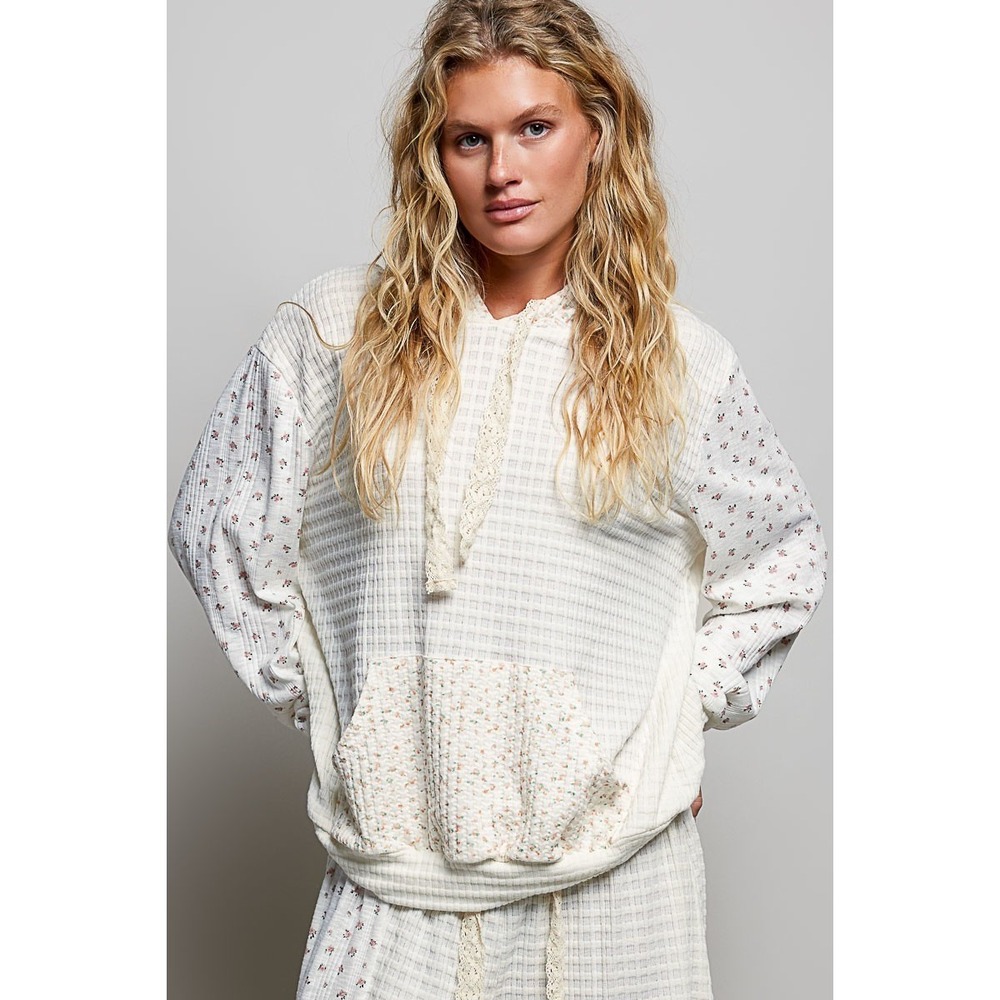 POL Mixed Knit Contrast Print Sleeve Hoodie with Kangaroo Pocket - Large
